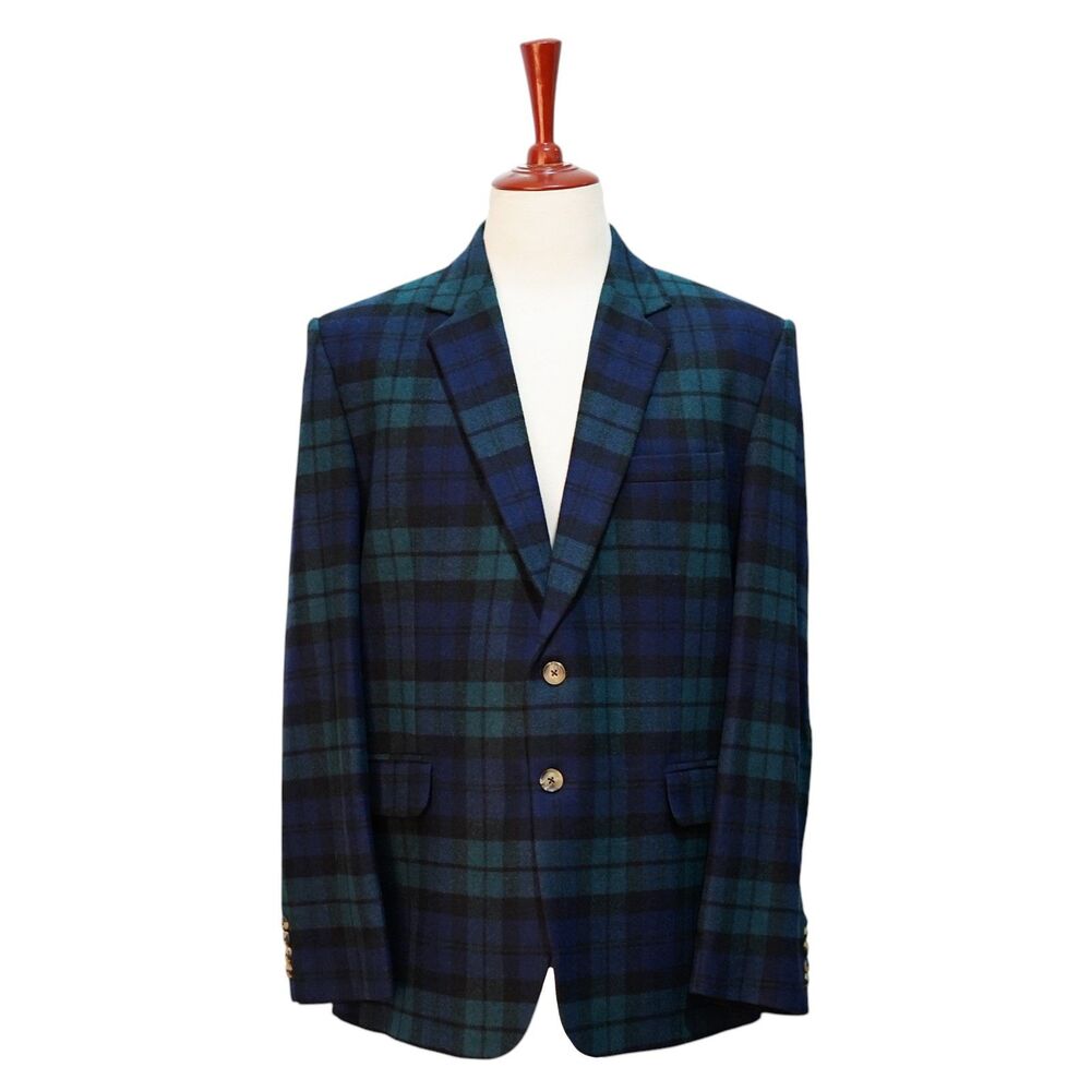 Mens Wool Sport Coat 44R Black Watch Tartan Plaid Blazer 2 Button Wedding Preppy